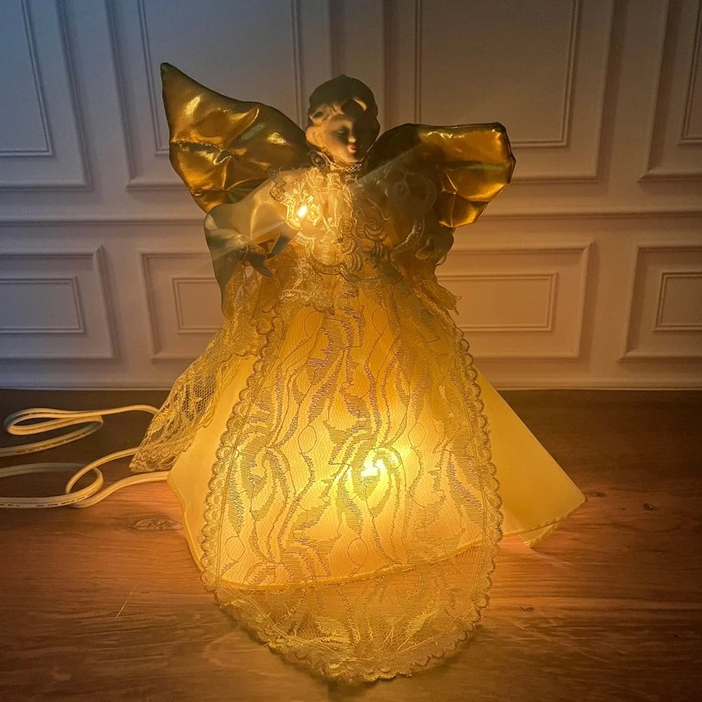 Vintage Animated Angel Tree Topper Christmas 11in Gold Cream Moving Wings Lit - Picture 2 of 13